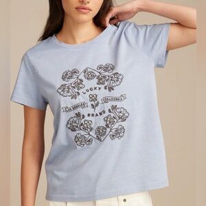 NWT Lucky Brand Women's Mirror Embroidered Floral Classic Crew Blue Heron Size S
